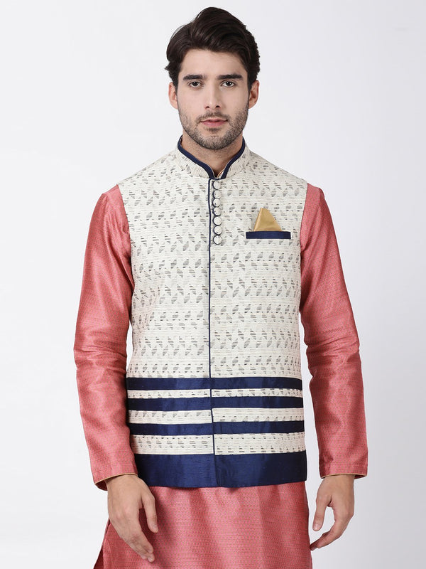 Jashvi Men's White Cotton Silk Blend Ethnic Jacket