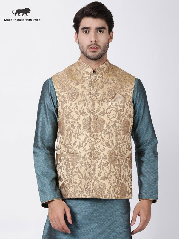 Jashvi Men's Beige Cotton Silk Blend Ethnic Jacket