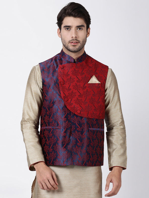 Jashvi Men's Dark Blue and Maroon Cotton Silk Blend Ethnic Jacket