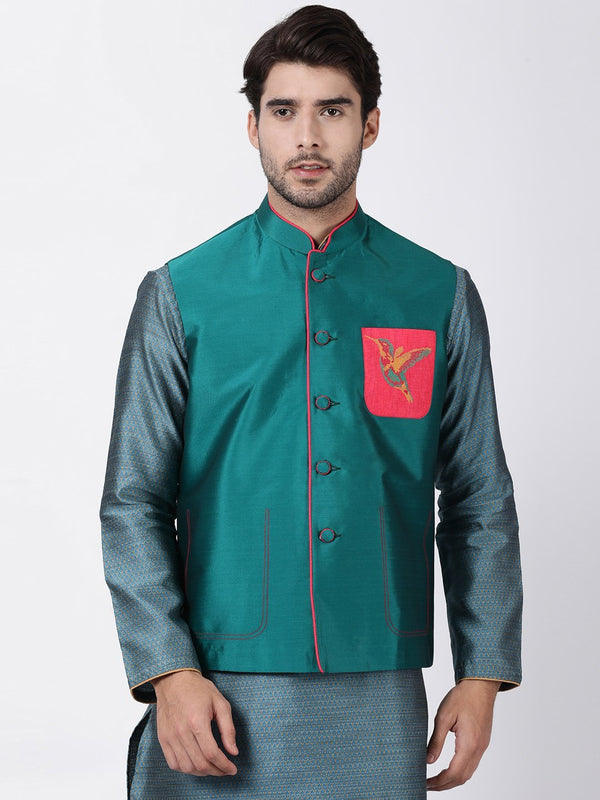 Jashvi Men's Green Cotton Silk Blend Ethnic Jacket