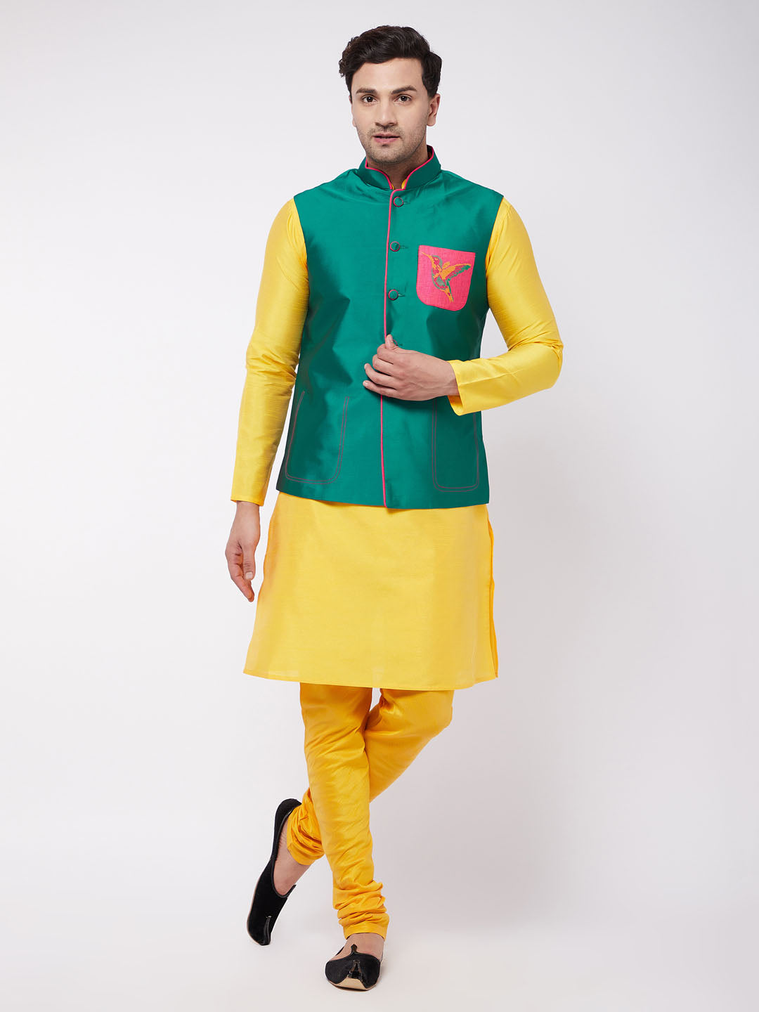 Men's Green And Yellow Silk Blend Jacket, Kurta And Pyjama Set - Vastramay