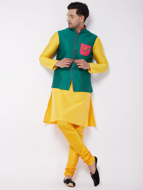 Jashvi Men's Yellow Silk Blend Kurta And Pyjama With Green Embroidered Nehru Jacket