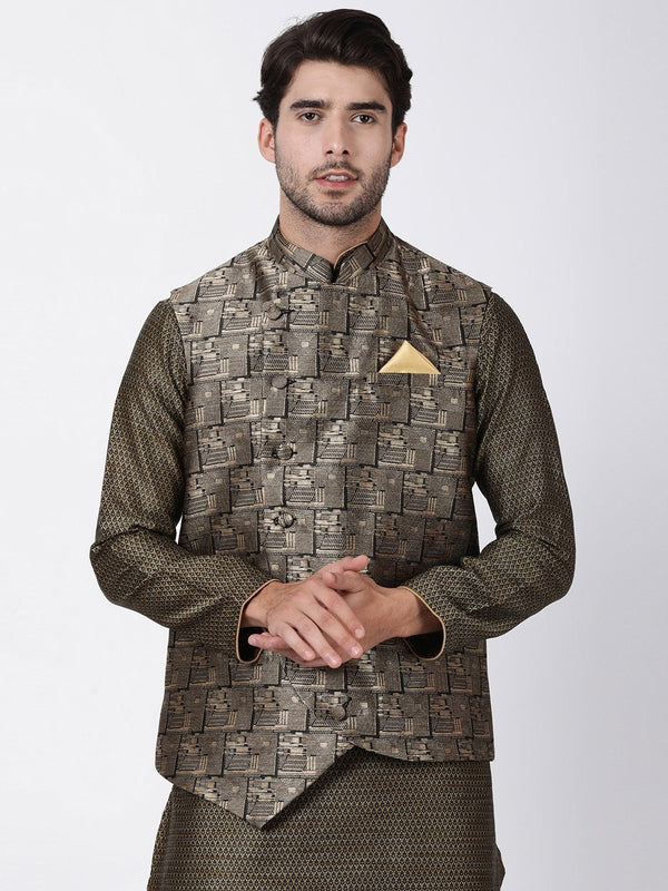 Jashvi Men's Black and Golden Cotton Silk Blend Ethnic Jacket