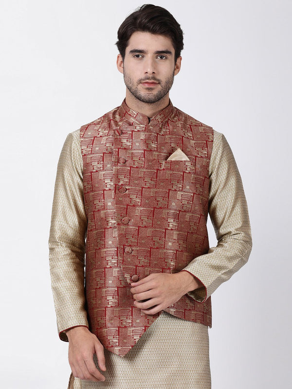 Jashvi Men's Maroon Cotton Silk Blend Ethnic Jacket