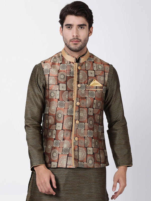 Jashvi Men's Brown Cotton Silk Blend Ethnic Jacket