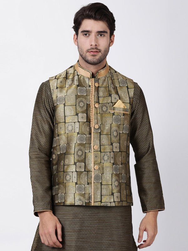 Jashvi Men's Gold Cotton Silk Blend Ethnic Jacket