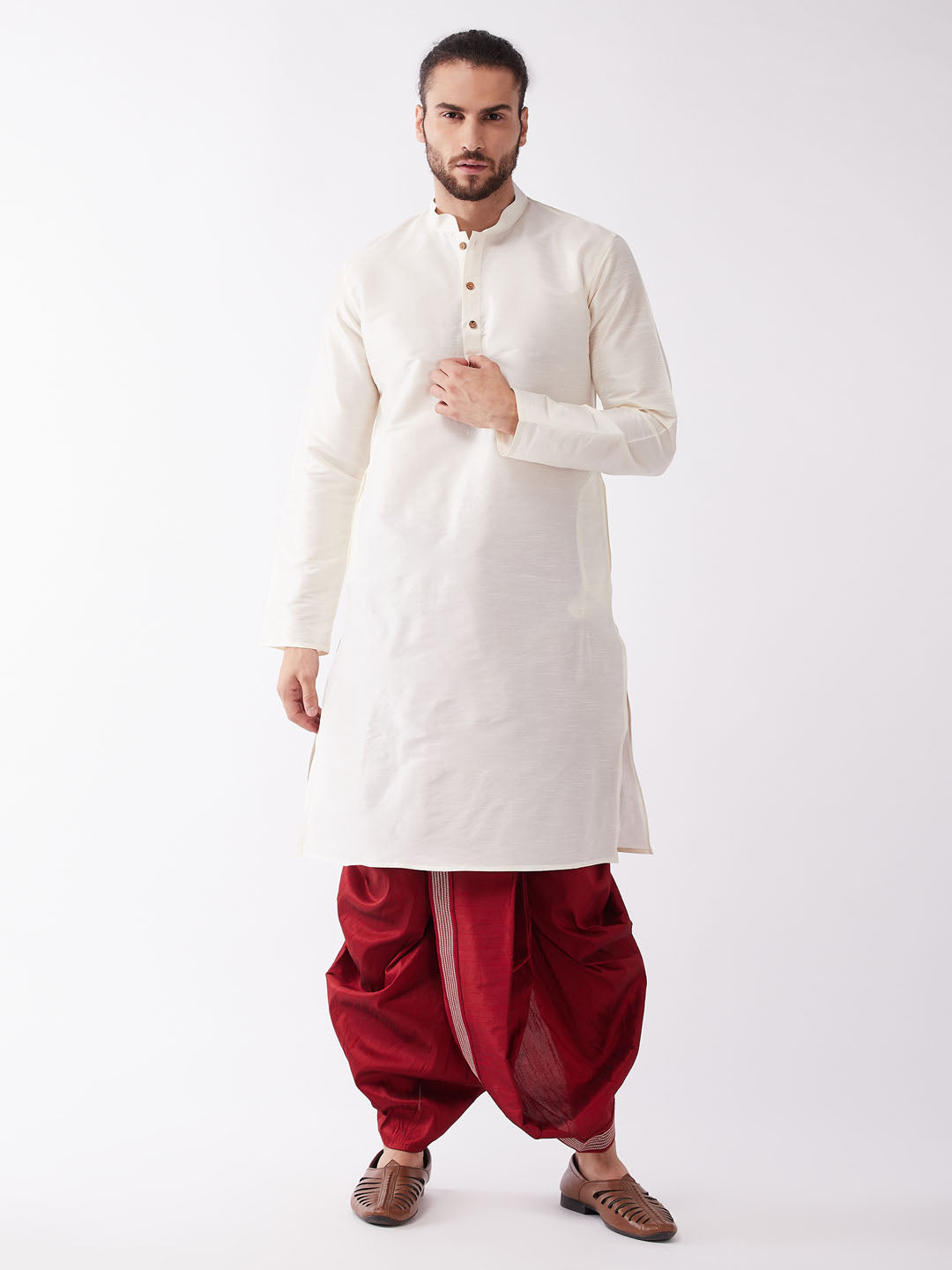 Men's Solid Kurta And Embroidered Traditional Dhoti Set - Vastramay