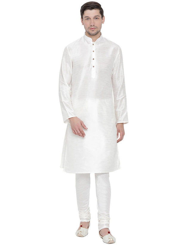 Men's White Cotton Silk Blend Kurta and Pyjama Set - Vastramay