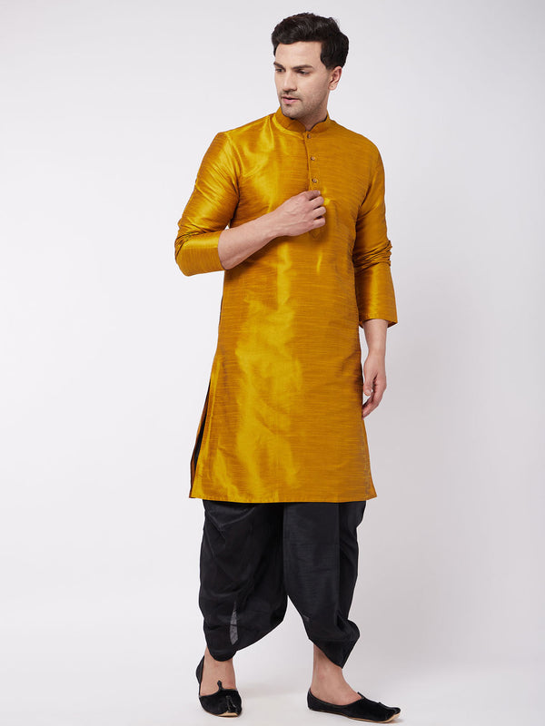 Jashvi Men's Mustard And Black Silk Blend Dhoti Kurta Set