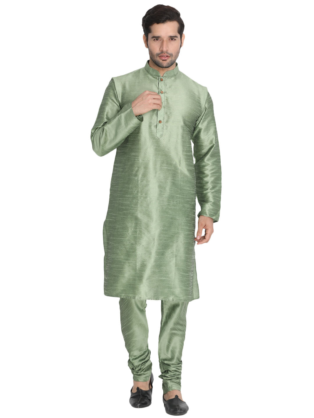 Men's Light Green Cotton Silk Blend Kurta and Pyjama Set