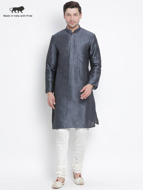 Men's Grey Cotton Silk Blend Kurta and Pyjama Set - Vastramay