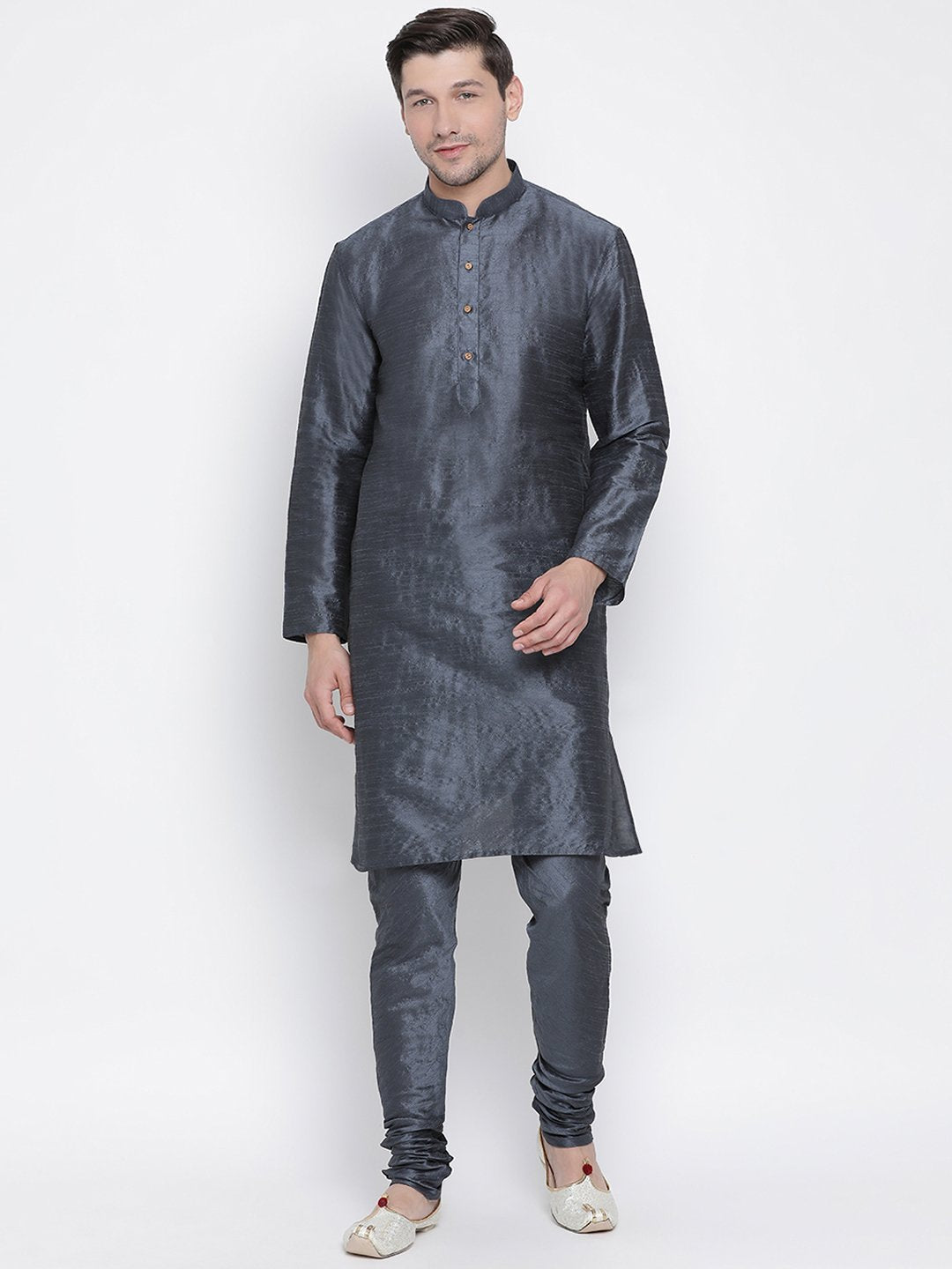 Men's Grey Cotton Silk Blend Kurta and Pyjama Set