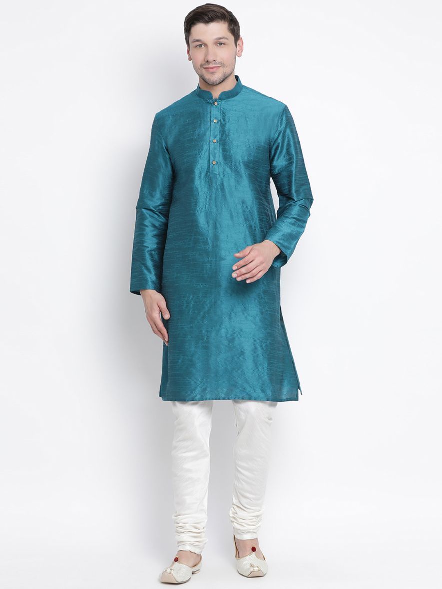 Men's Dark Green Cotton Silk Blend Kurta and Pyjama Set