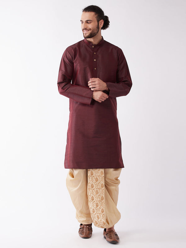 VM by Jashvi Men's Burgundy Silk Blend Kurta And Gold Dhoti Set