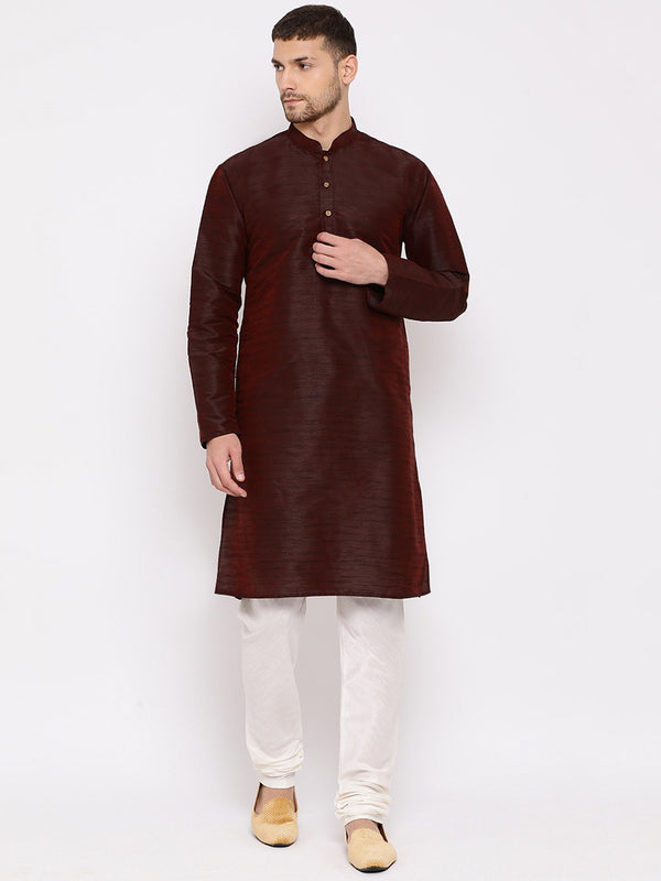 Men's Burgundy Silk Blend Kurta and Pyjama Set - Vastramay