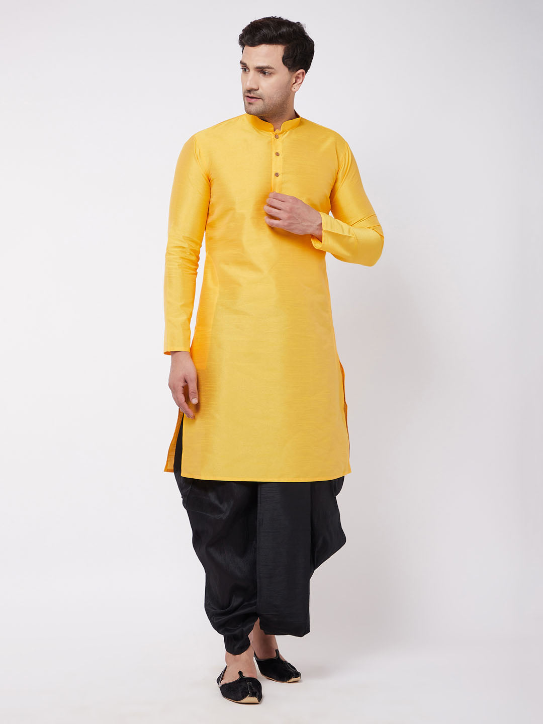 Men's Yellow Silk Blend Kurta And Dhoti Set - Vastramay