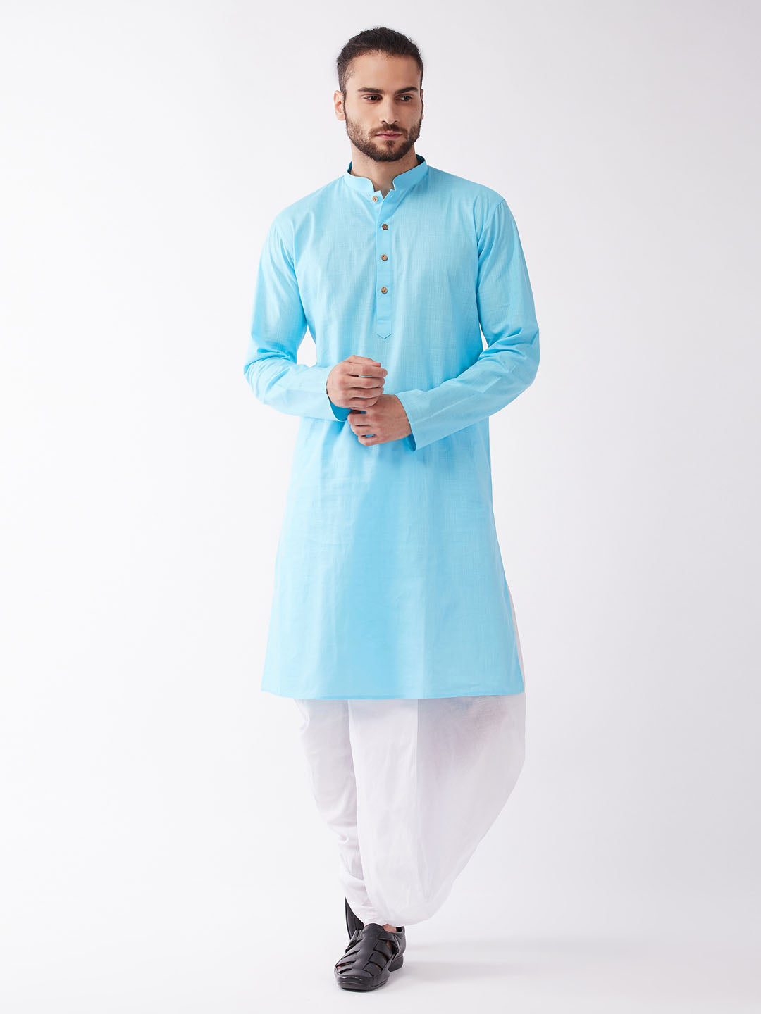 Men's Aqua Blue And White Cotton Blend Kurta And Dhoti Set - Vastramay