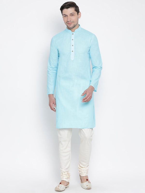 Men's Light Blue Cotton Linen Blend Kurta and Pyjama Set - Vastramay