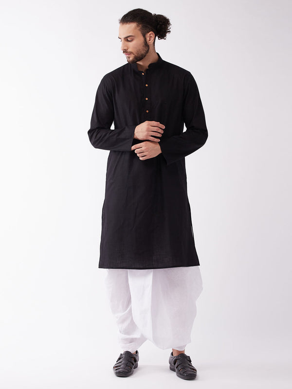 Jashvi Men's Black Cotton Blend Kurta And White Dhoti Set