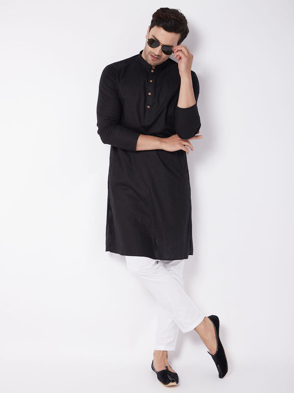 Jashvi Men's Black Solid Cotton Blend Kurta & White Pyjama Set