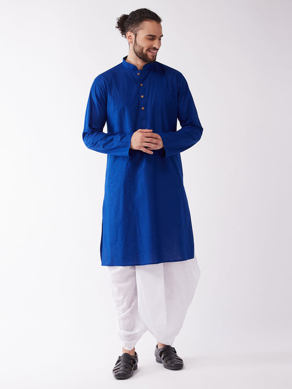 Jashvi Men's Blue And White Cotton Blend Kurta And Dhoti Set