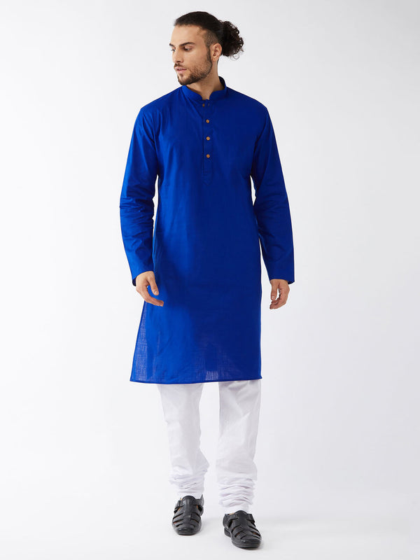 Jashvi Men's Blue Cotton Kurta and White Pyjama Set