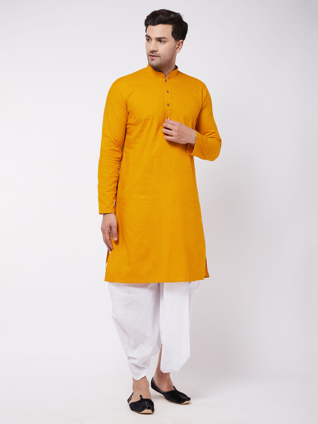 Men's Mustard And White Cotton Blend Kurta And Dhoti Set - Vastramay