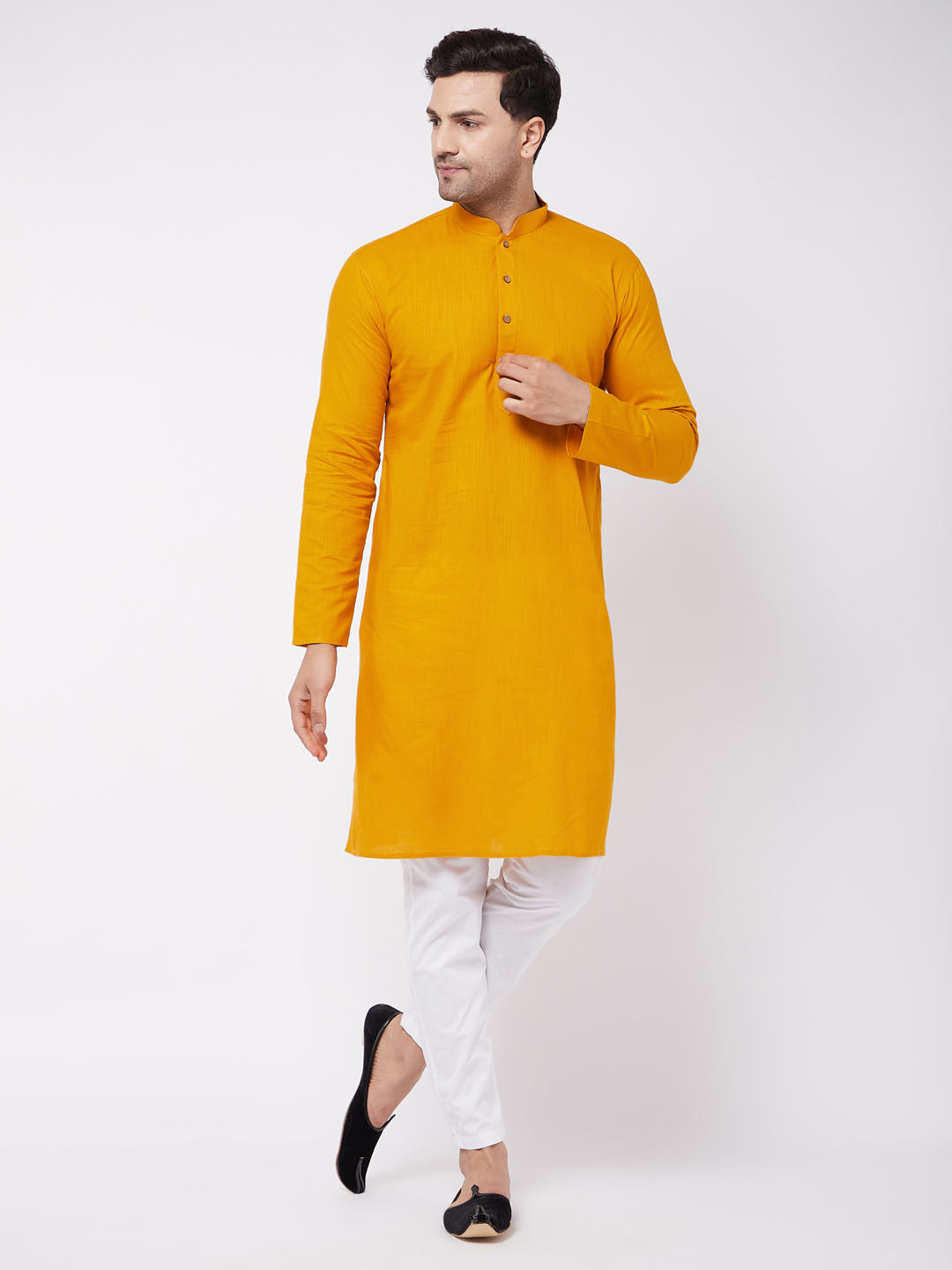 Men's Mustard And White Cotton Linen Kurta Pyjama Set - Vastramay