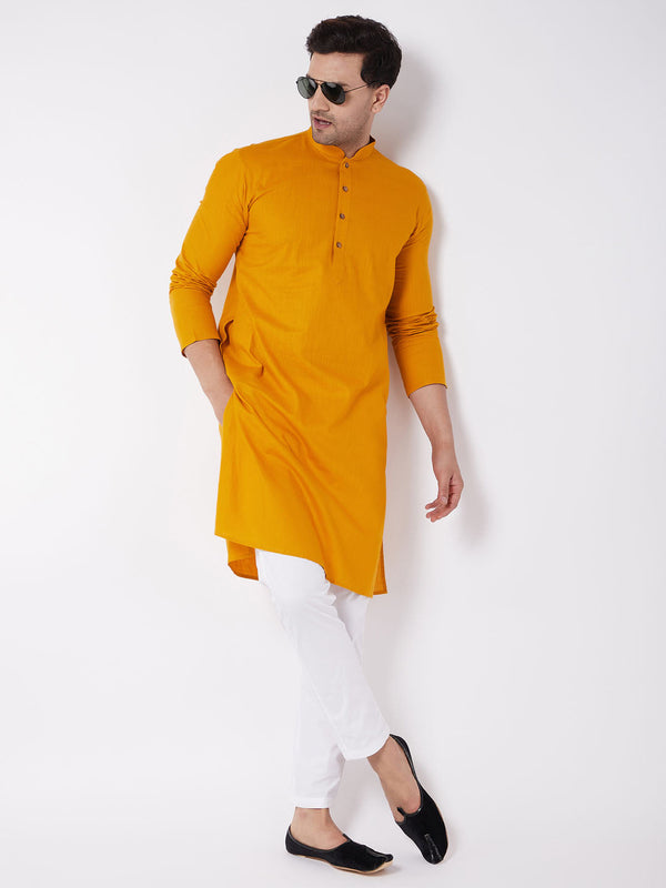 Jashvi Men's Mustard And White Solid Cotton Blend Kurta Pyjama Set