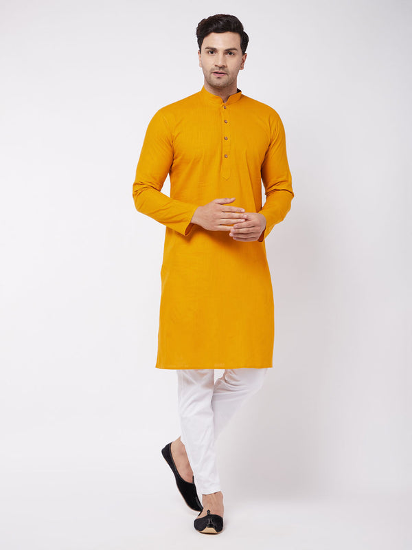 Jashvi Men's Mustard And White Solid Cotton Blend Kurta With Cotton Pant set