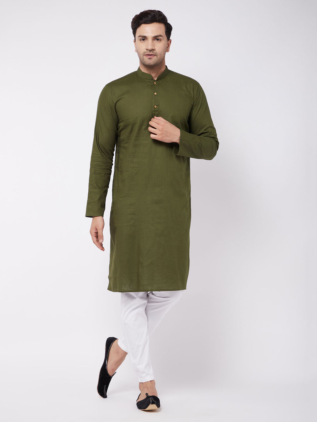 Men's Green And White Cotton Linen Kurta Pyjama Set - Vastramay