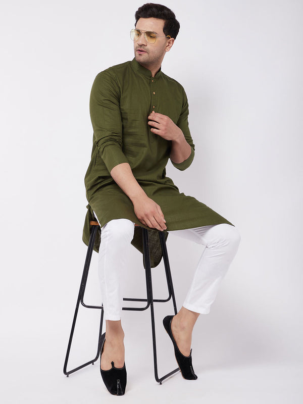 Jashvi Men's Mehendi Green Solid Cotton Blend Kurta And White  Pyjama Set