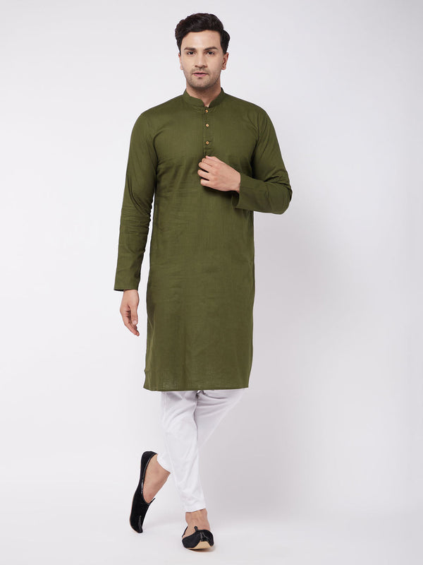 Jashvi Men's Mehendi Green Solid Cotton Blend Kurta And White Cotton Pant Set