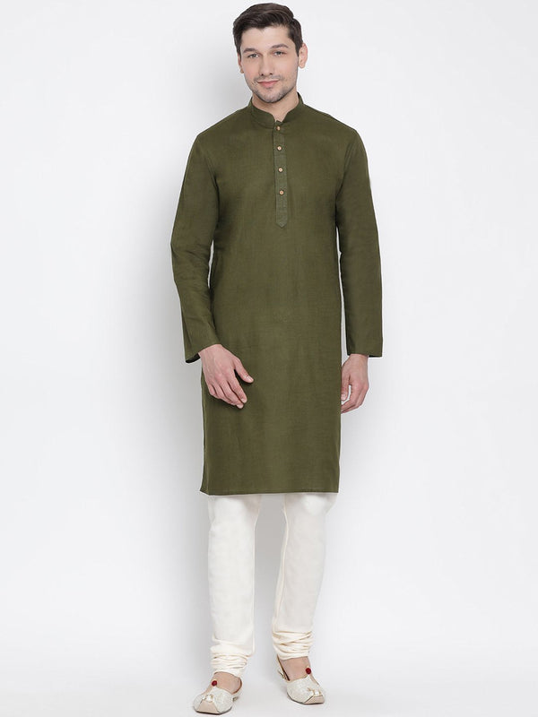 Men's Green Cotton Linen Blend Kurta and Pyjama Set - Vastramay