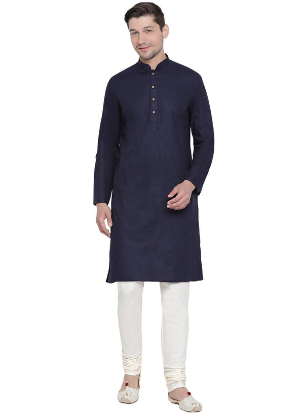 Men's Dark Blue Cotton Linen Blend Kurta and Pyjama Set - Vastramay