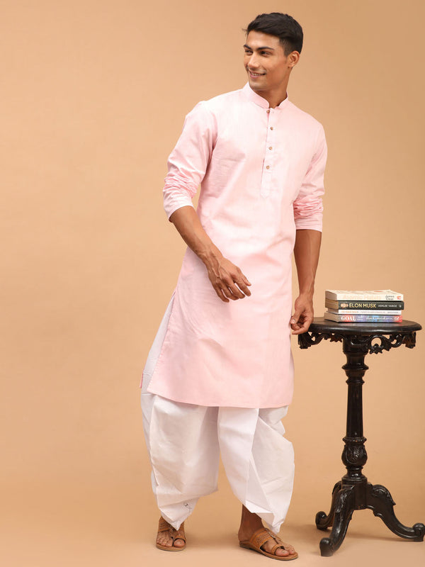 Jashvi Men's Pink Cotton Kurta and White Solid Dhoti Set