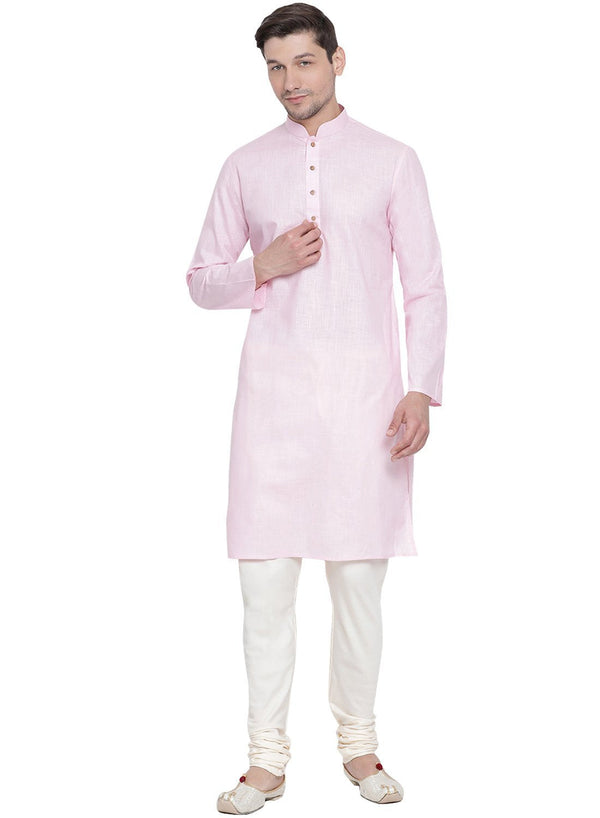 Men's Pink Cotton Linen Blend Kurta and Pyjama Set - Vastramay