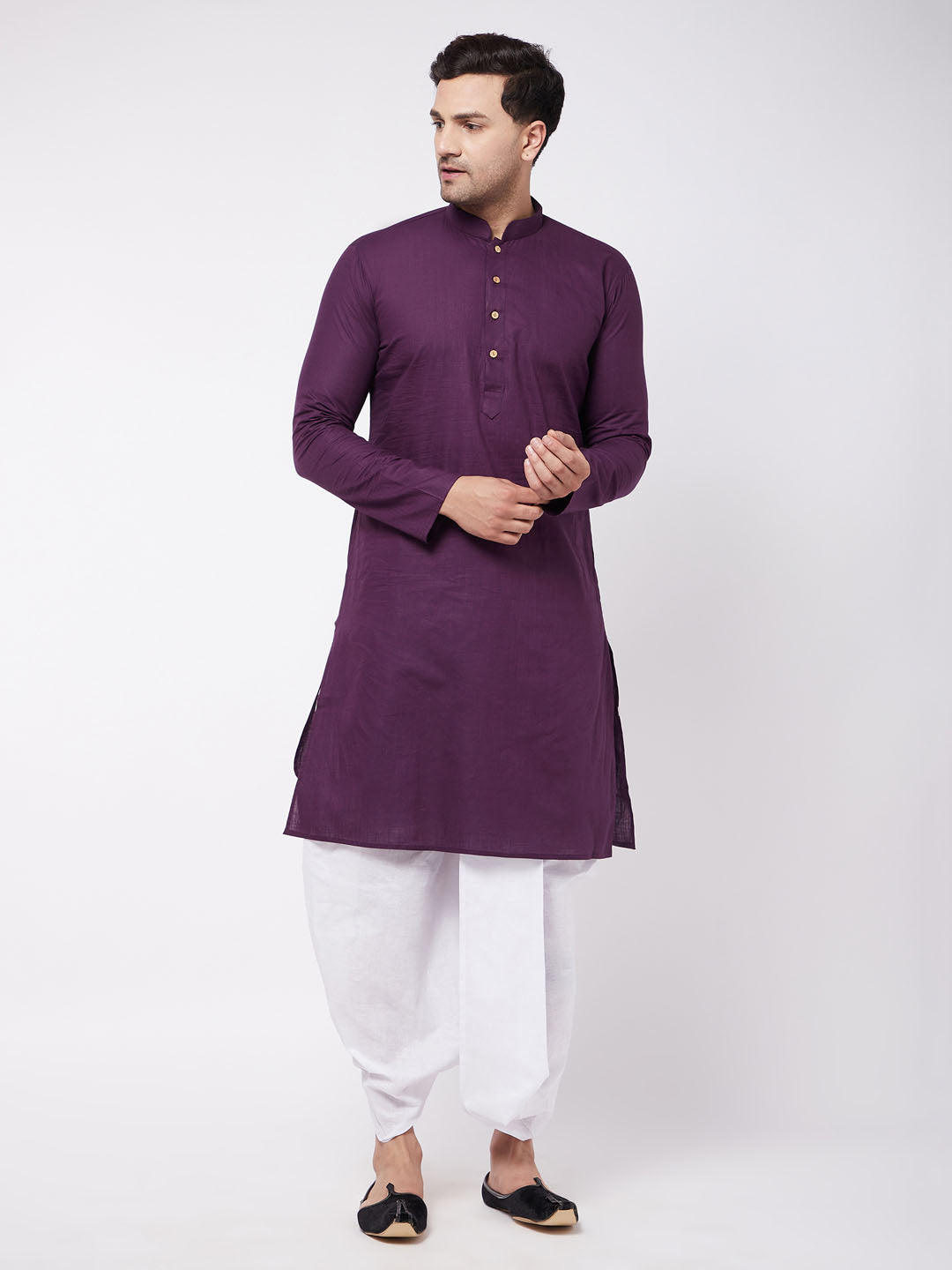 Men's Purple And White Cotton Blend Kurta And Dhoti Set - Vastramay