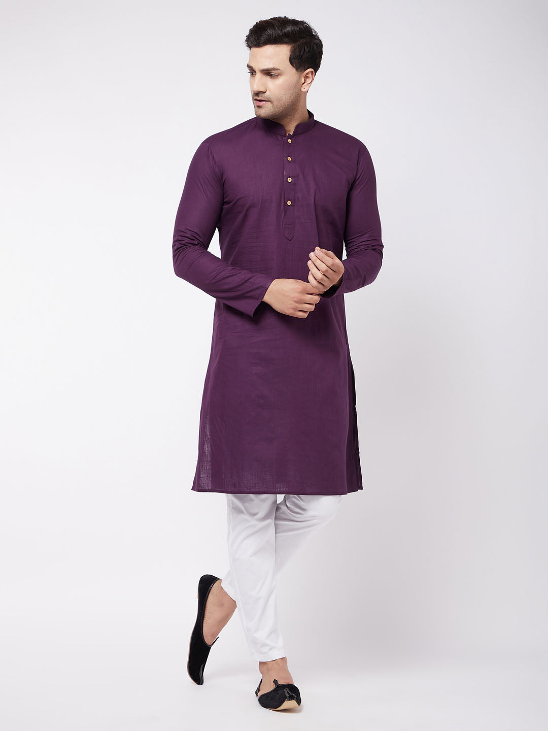 Men's Purple And White Cotton Linen Kurta Pyjama Set - Vastramay