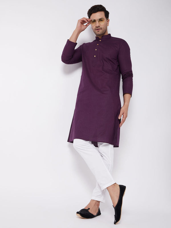 Jashvi Men's Purple  Solid Cotton Blend Kurta And White Pyjama Set