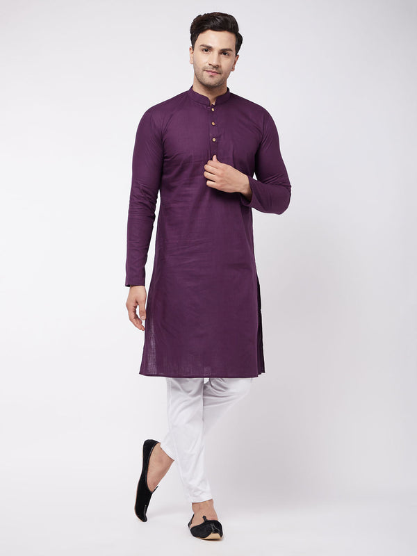 Jashvi Men's Purple Solid Cotton Blend Kurta And White Cotton Pant Set