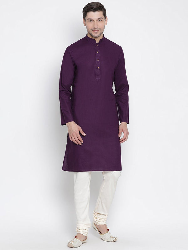 Men's Purple Cotton Linen Blend Kurta and Pyjama Set - Vastramay