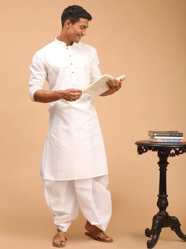 Jashvi Men's White Cotton Kurta With White Solid Dhoti Set