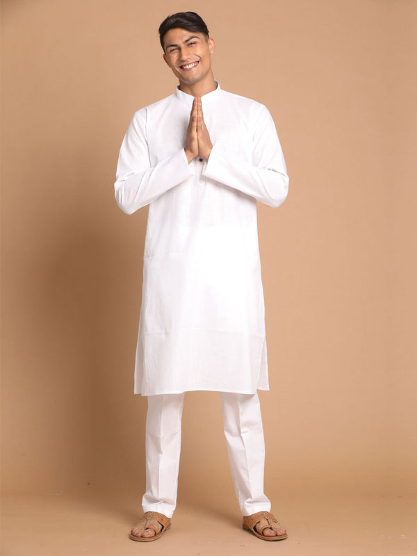 Jashvi Men's White Cotton Kurta With White Cotton Pant Style Pyjama Set