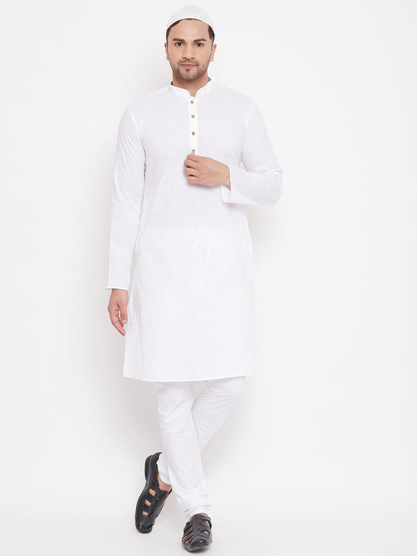 Jashvi Men's White Cotton Linen Blend Kurta Churidar Set