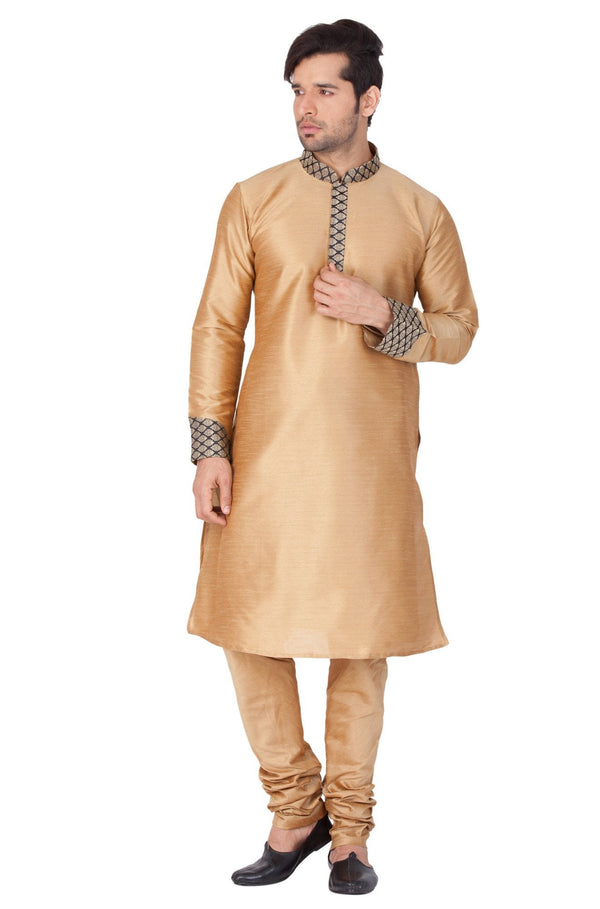 Jashvi Men's Gold Cotton Silk Blend Kurta and Pyjama Set