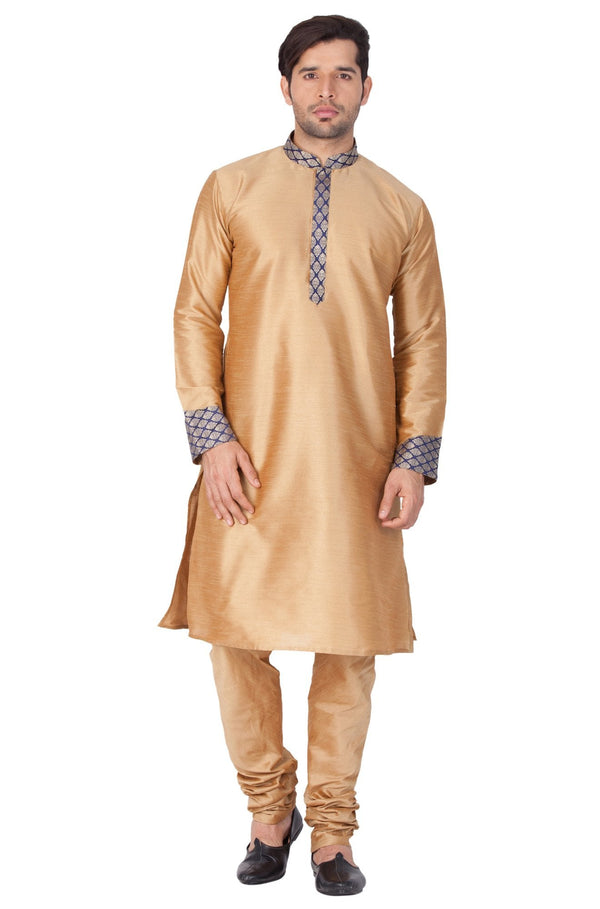 Jashvi Men's Gold Cotton Silk Blend Kurta and Pyjama Set