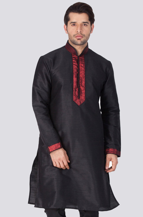 Men's Black Cotton Silk Blend Kurta - Vastramay