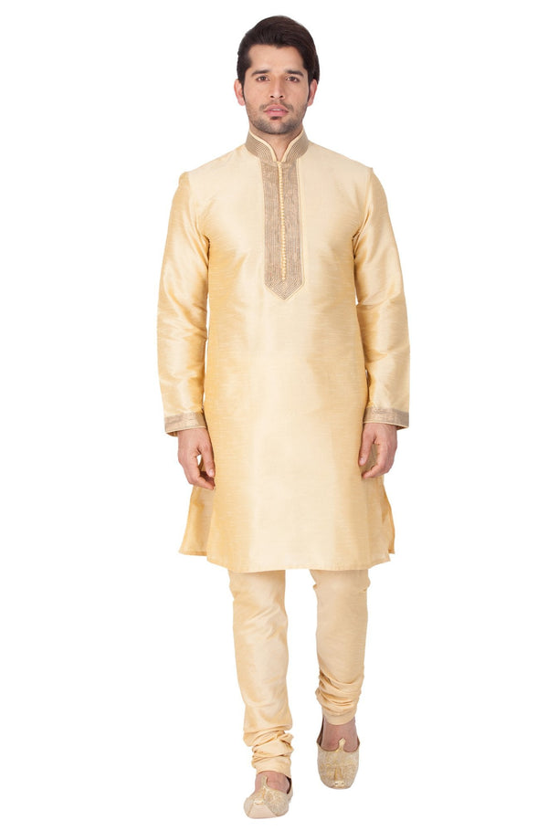 Jashvi Men's Gold Cotton Silk Blend Kurta and Pyjama Set