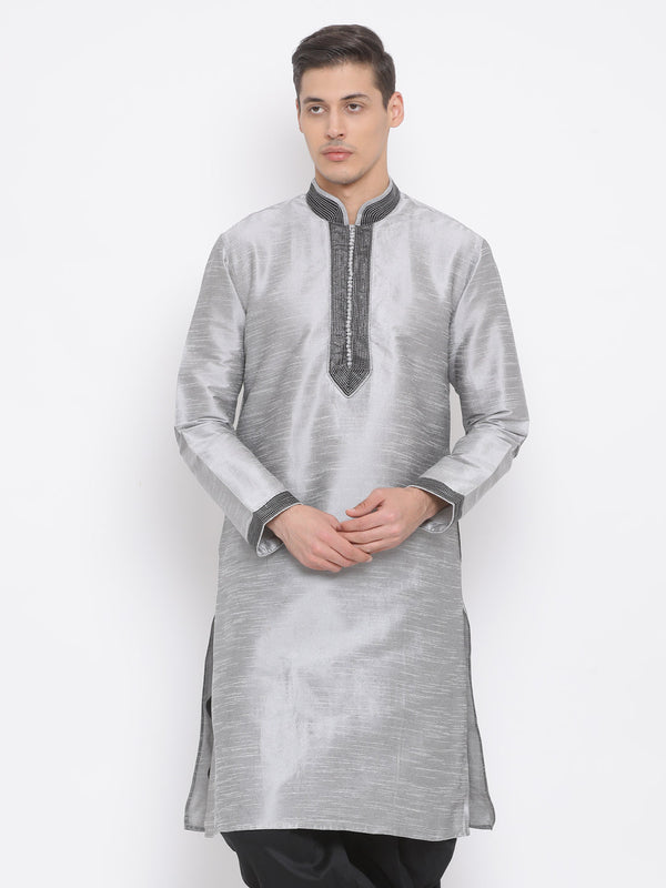 Jashvi Men's Grey Cotton Silk Blend Kurta